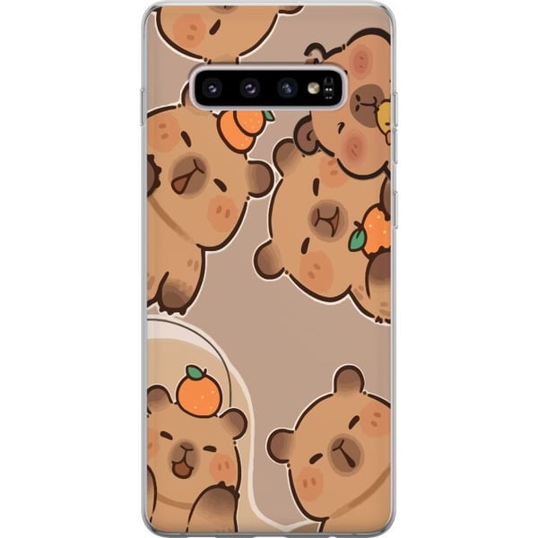 Kompatibelt Mobilskal till Samsung Galaxy S10+ Gulliga capybaror i varma toner med apelsiner och glada uttryck