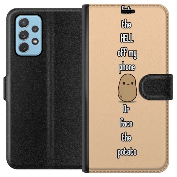 Kompatibelt Plånboksfodral till Samsung Galaxy A52 5G Potatis illustration – Roligt motiv Get off my phone or meet the potato