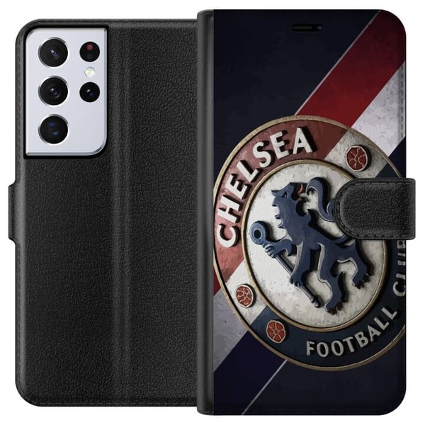 Kompatibelt Lommeboketui til Samsung Galaxy S21 Ultra 5G Chelsea FC-emblem i 3D-stil med blå, hvite og røde detaljer som gir et kraftfullt, elegant s
