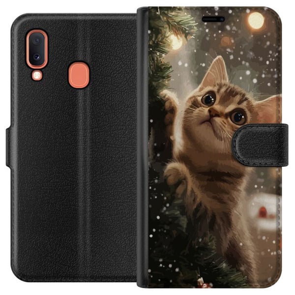 Kompatibelt Plånboksfodral till Samsung Galaxy A20e Katt som klättrar i julgran med snöfall mysig vinterdesign perfekt för katt och julälskare