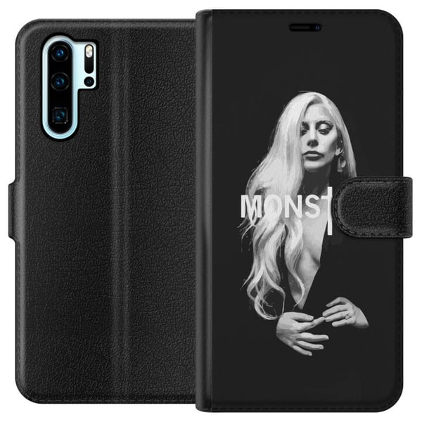 Yhteensopiva Lompakkokotelo Huawei P30 Pro Lady Gaga Monster -muotokuva – mustavalkoinen Lady Gaga -design vahvalla MONSTER-typografialla ja ikonisel