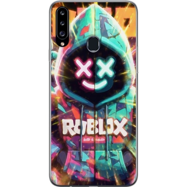 Kompatibelt Mobilskal till Samsung Galaxy A20s Neonfärgad Roblox-inspirerad hoodie-figur med lysande effekter och energifylld bakgrund, kraftfull gam