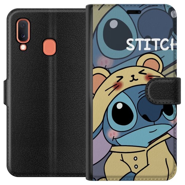 Kompatibelt Plånboksfodral till Samsung Galaxy A20e Disney Stitch blå alien med sköldpadda figur