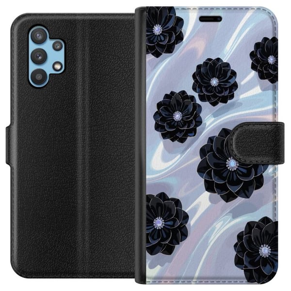 Kompatibelt Plånboksfodral till Samsung Galaxy A32 5G Midnight Bloom svarta blommor på skimrande bakgrund elegant lyxig floral design i mörka toner