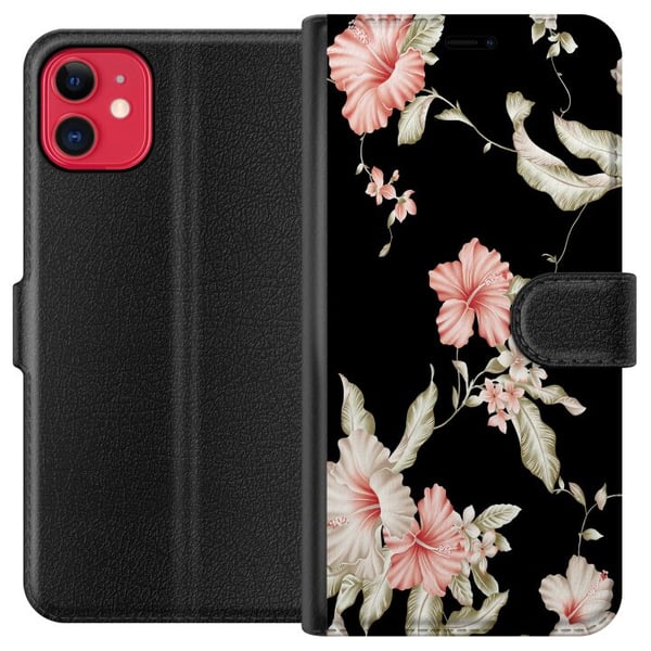 Kompatibel Tegnebogsetui til Apple iPhone 11 Blomstermønster Sort Kompatibel Tegnebogsetui til Apple iPhone 11 Blomstermønster Sort