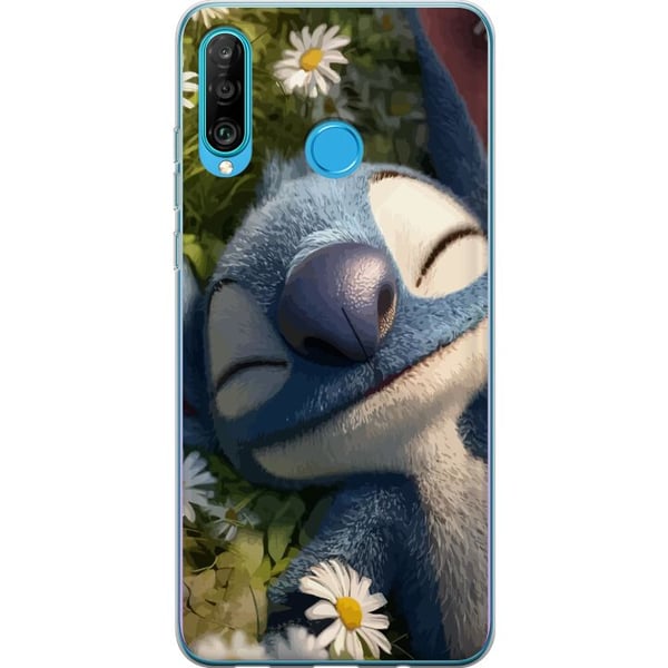 Kompatibel Mobilcover til Huawei P30 lite Stitch, der falder i søvn på en margueriteng, hvor det bløde lys og naturens ro skaber en varm og afslappen