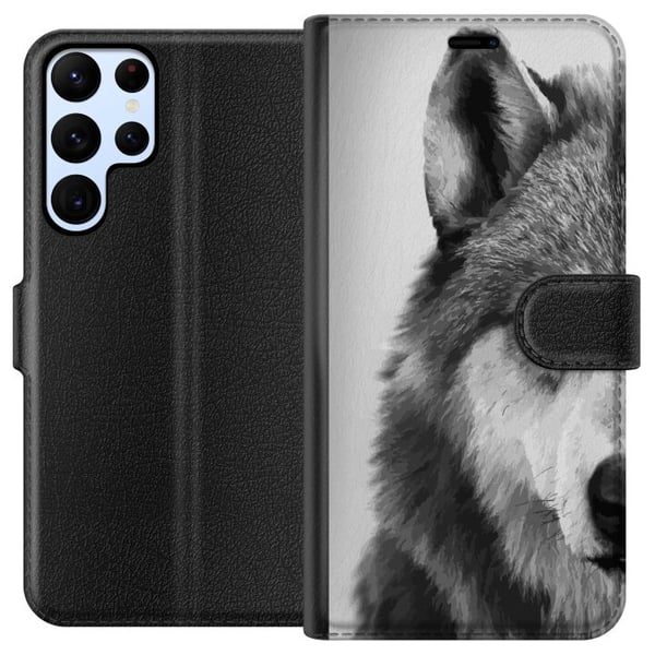 Yhteensopiva Lompakkokotelo Samsung Galaxy S22 Ultra 5G Mustavalkoinen susimuotokuva, intensiivinen katse, yksityiskohtainen turkki ja voimakas tunne