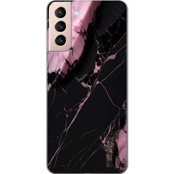 Kompatibelt Mobildeksel til Samsung Galaxy S21 Svart og rosa marmormønster med sterke kontraster, skarpe sprekkelinjer og polert steinestetikk