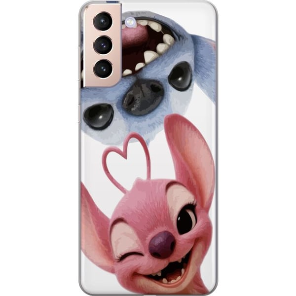 Kompatibelt Mobildeksel til Samsung Galaxy S21 Lekne Stitch og Angel i nærbilde med store latterutbrudd og hjerteformede detaljer som skaper en sjarm