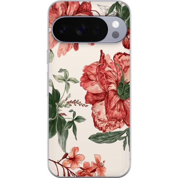 Kompatibel Mobilcover til Google Pixel 10 Pro Røde blomster, botanisk motiv med grønne blade, elegant stil til dig, der kan lide naturens farver