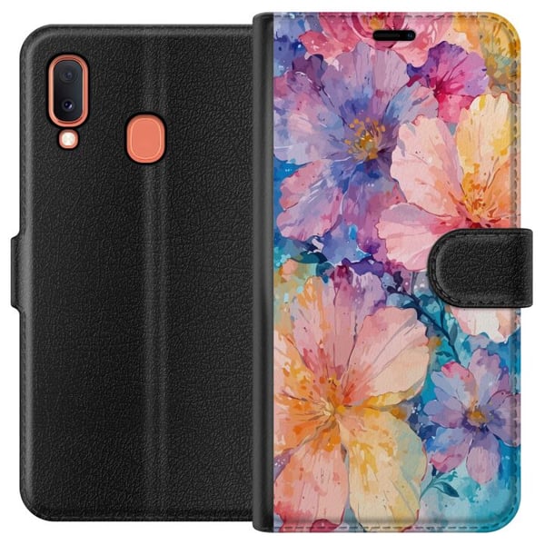 Kompatibelt Lommeboketui til Samsung Galaxy A20e Akvellmaleri med store blomster i rosa, blå og gule toner i en myk, kunstnerisk stil Kompatibelt Lommeboketui til Samsung Galaxy A20e Akvellmaleri med store blomster i rosa, blå og gule toner i en myk, kunstnerisk stil