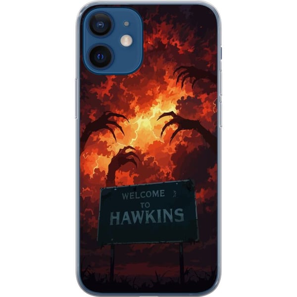 Kompatibelt Mobilskal till Apple iPhone 12 Apokalyptisk scen med brinnande himmel och Hawkins-skylt i Stranger Things-känsla