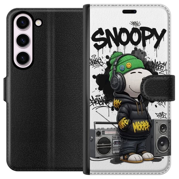 Kompatibel Tegnebogsetui til Samsung Galaxy S23 Snoopy i streetwear med høretelefoner og graffiti-stil står ved siden af en boombox og smiler stort,