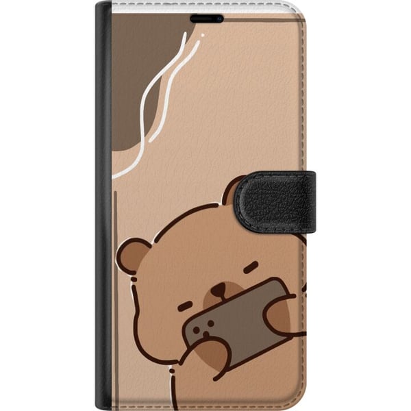 Yhteensopiva Lompakkokotelo Huawei P30 Pro Lazy Bear Chill Mode Söpö karhu makaa puhelin kädessään beigen taustan edessä rauhallisessa ja rennossa ty