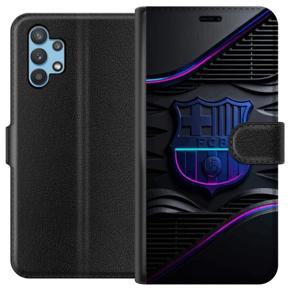 Kompatibelt Plånboksfodral till Samsung Galaxy A32 5G FC Barcelona-emblem i neonblått och rosa med futuristisk metallkänsla Kompatibelt Plånboksfodral till Samsung Galaxy A32 5G FC Barcelona-emblem i neonblått och rosa med futuristisk metallkänsla