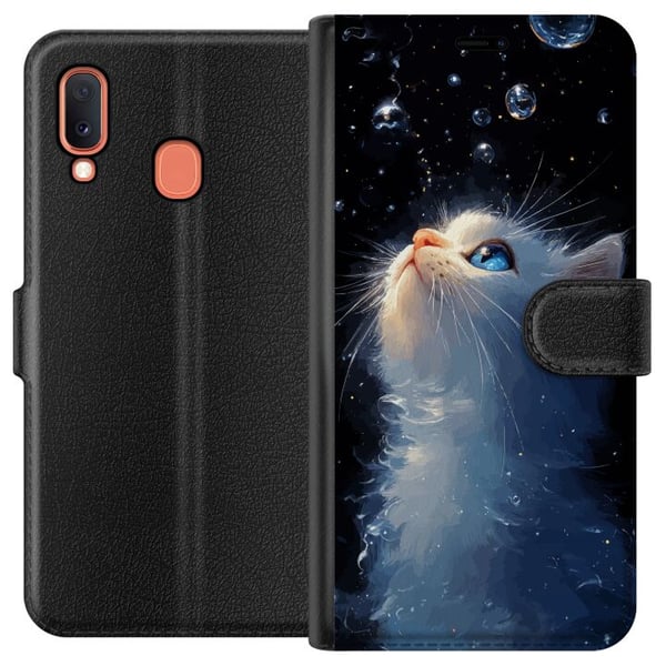 Kompatibelt Lommeboketui til Samsung Galaxy A20e Drømmende stjernekatt med en hvit katt som ser mot stjernene, et drømmende og magisk motiv for katte Kompatibelt Lommeboketui til Samsung Galaxy A20e Drømmende stjernekatt med en hvit katt som ser mot stjernene, et drømmende og magisk motiv for katte