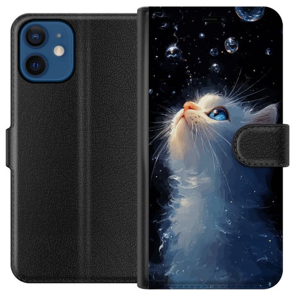 Yhteensopiva Lompakkokotelo Apple iPhone 12 mini Unenomainen tähtikissa, jossa valkoinen kissa katsoo tähtiä, unenomainen ja maaginen aihe kissanystä