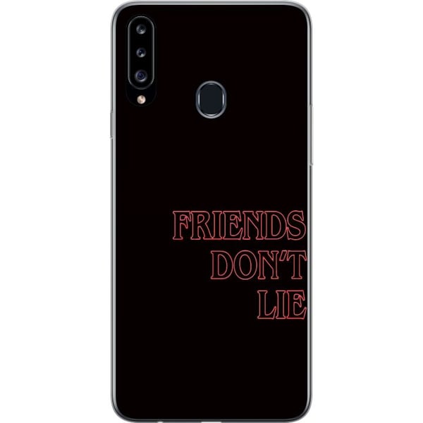 Yhteensopiva Puhelinkuori Samsung Galaxy A20s Stranger Things Friends Don’t Lie – neonpunainen tekstidesign, jossa on suosittu Stranger Things -sitaa