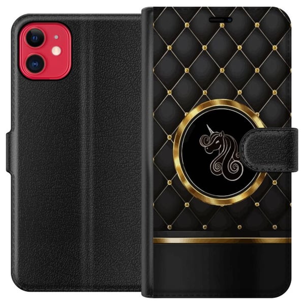 Kompatibel Tegnebogsetui til Apple iPhone 11 Emblem med enhjørning i sort og gylden kontrast Kompatibel Tegnebogsetui til Apple iPhone 11 Emblem med enhjørning i sort og gylden kontrast
