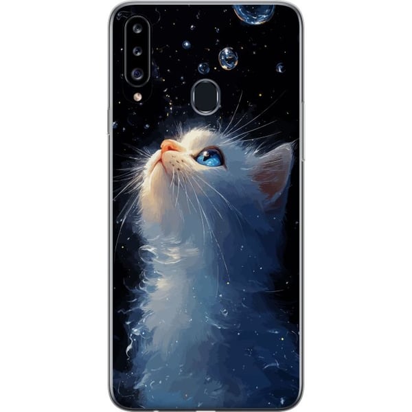 Kompatibelt Mobildeksel til Samsung Galaxy A20s Drømmende stjernekatt med en hvit katt som ser mot stjernene, et drømmende og magisk motiv for kattee