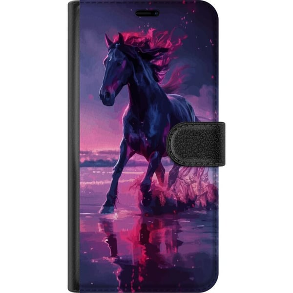Kompatibelt Plånboksfodral till Apple iPhone 12 mini Elegant svart häst som springer genom vatten i lila och rosa ljus med magisk känsla