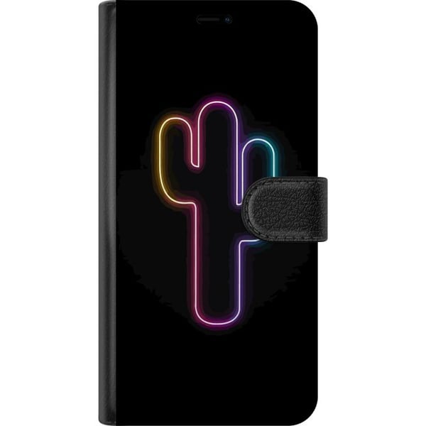 Kompatibel Tegnebogsetui til Samsung Galaxy S21+ 5G Neonillustration af en kaktus i pinkt og blåt lys mod mørk baggrund i moderne popæstetik