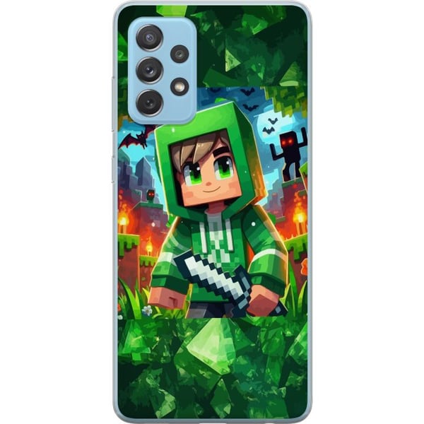 Kompatibel Mobilcover til Samsung Galaxy A52 5G Minecraft-gamerdreng i grøn hættetrøje – tegnet Minecraft-dreng med sværd, pixels og eventyrtema