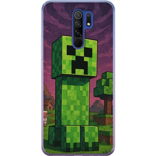Kompatibelt Mobilskal till Xiaomi Redmi 9 Blockig grön figur i pixlad fantasivärld med träd hus och djur i retro spelmiljö