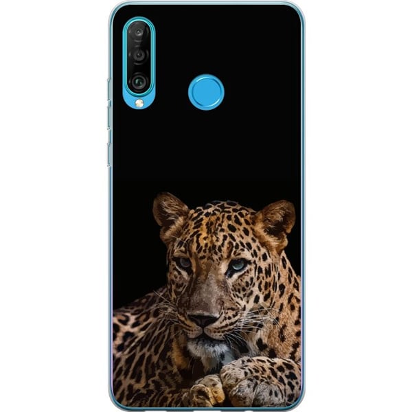 Kompatibelt Mobilskal till Huawei P30 lite Stilren leopard i mörk kontrast med intensiva ögon – kraftfull och elegant djurdesign.