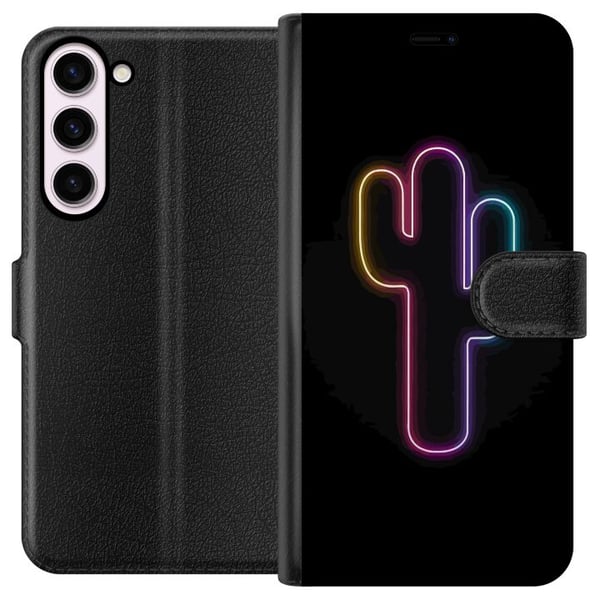 Kompatibel Tegnebogsetui til Samsung Galaxy S23+ Neonillustration af en kaktus i pinkt og blåt lys mod mørk baggrund i moderne popæstetik