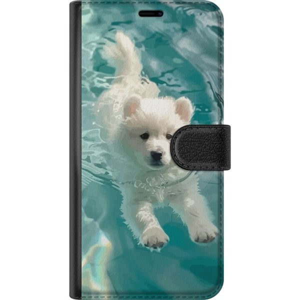 Kompatibelt Plånboksfodral till Samsung Galaxy A32 5G Hundvalp i vatten vit puppy dog swimming pool blå turkos sommarmotiv cute pet illustration desi