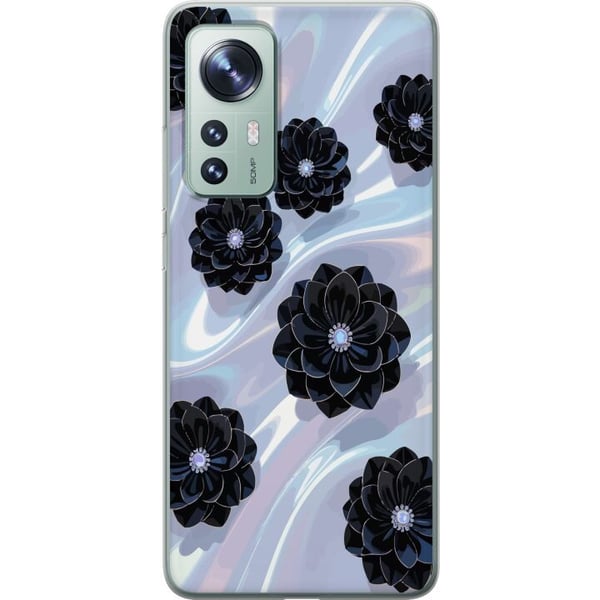 Yhteensopiva Puhelinkuori Xiaomi 12 Keskiyön kukinta mustia kukkia hohtavalla taustalla, elegantti ylellinen kukkakuviointi tummissa sävyissä