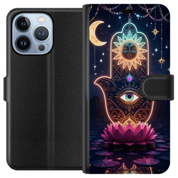 Yhteensopiva Lompakkokotelo Apple iPhone 13 Pro Symbolinen käsiä esittävä kuvitus, jossa on silmä, kukka ja valo Yhteensopiva Lompakkokotelo Apple iPhone 13 Pro Symbolinen käsiä esittävä kuvitus, jossa on silmä, kukka ja valo