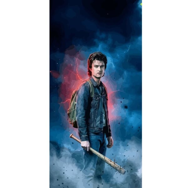 Yhteensopiva Lompakkokotelo Apple iPhone 13 Pro Stranger Things -muotokuva, jossa on pesäpallomaila, salamoita ja dramaattinen tausta