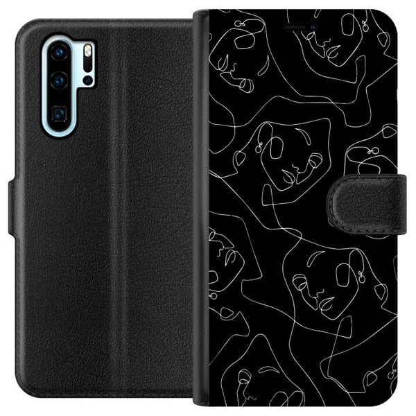 Kompatibelt Lommeboketui til Huawei P30 Pro Abstrakte ansikter strekunst i hvitt på mørk bakgrunn moderne minimalistisk stil for kunstelskere