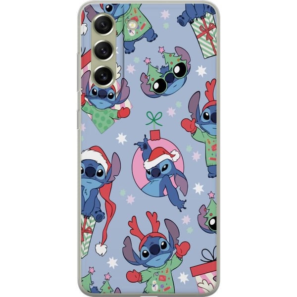 Kompatibel Mobilcover til Samsung Galaxy S21 FE 5G Disney Stitch-julemønster – sødt Stitch-julemotiv med nissehuer, rensdyrgevir og blå baggrund