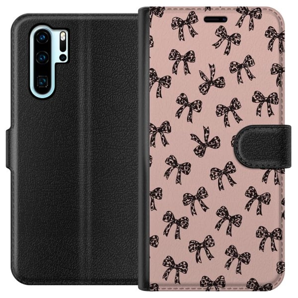 Kompatibel Tegnebogsetui til Huawei P30 Pro sløjfe mønster leopard rosetter pink sød mode piget retro design print tapet stil lyserød baggrund kunst