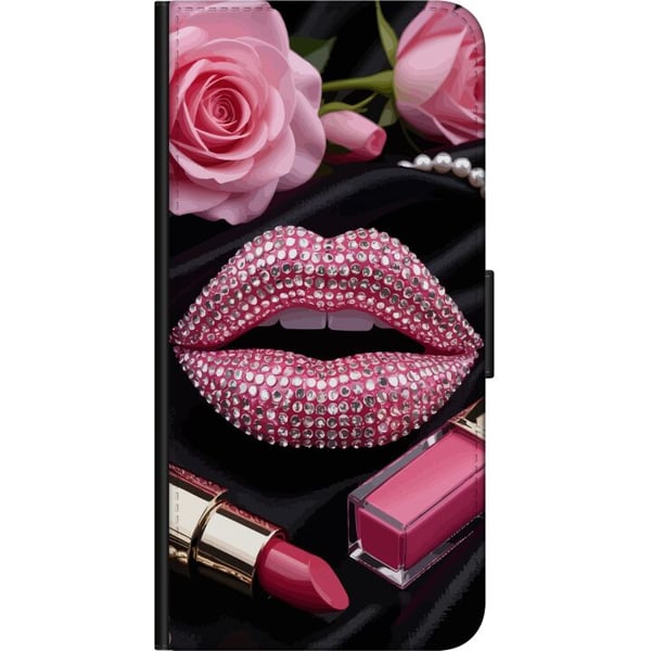 Kompatibel Tegnebogsetui til OnePlus 9 Pro pink glitter læber makeup diamanter roser neglelak mode glamour skønhed plakat lyserøde læber kunststil