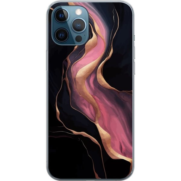 Kompatibel Mobilcover til Apple iPhone 12 Pro Abstrakte bølger i sort med lyserøde striber og guldfarvede kanter som flydende marmor mod en mørk bagg