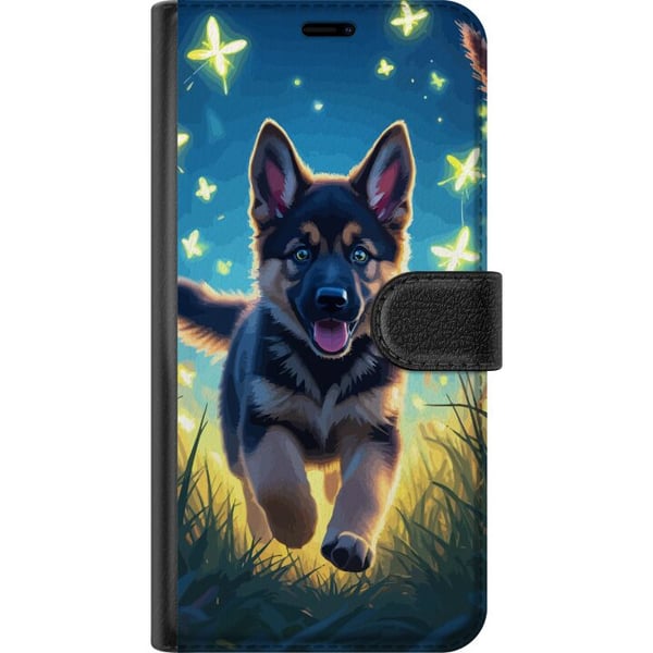 Kompatibelt Plånboksfodral till Apple iPhone 11 Valp german shepherd dog poster hund puppy springer äng fjärilar cute animal illustration night art