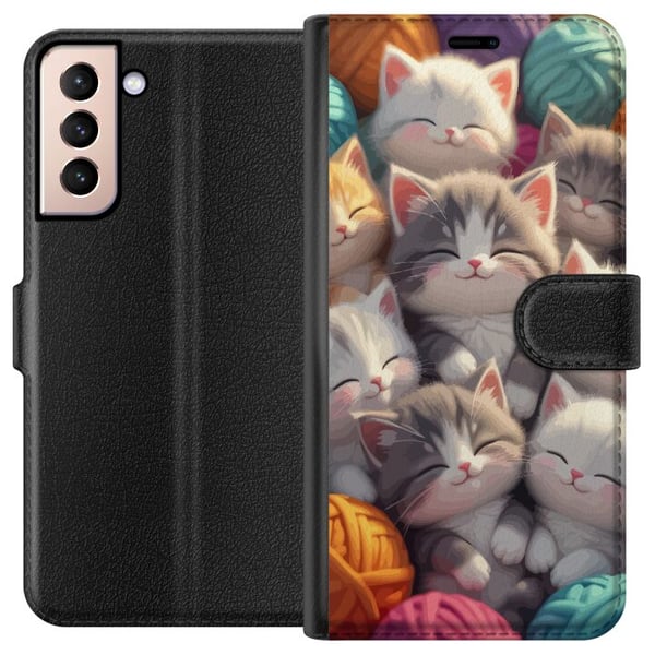 Kompatibelt Lommeboketui til Samsung Galaxy S21 Sovende kattunger sammenkrøllet blant fargerike garnnøster i en myk illustrasjon