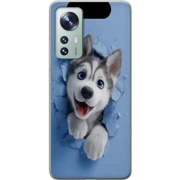 Yhteensopiva Puhelinkuori Xiaomi 12 Suloinen huskynpentu kurkistaa rikkinäisen seinän läpi suuret siniset silmät loistaen pehmeässä 3D-tyylissä, mikä