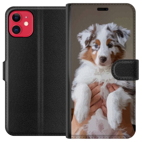 Kompatibel Tegnebogsetui til Apple iPhone 11 Hvalpeillustration – Sød, fluffy hvalp i portrætdesign med blå øjne Kompatibel Tegnebogsetui til Apple iPhone 11 Hvalpeillustration – Sød, fluffy hvalp i portrætdesign med blå øjne