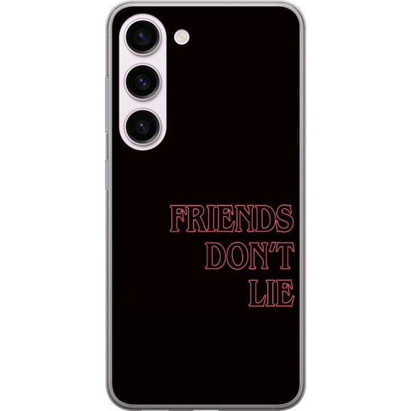 Kompatibelt Mobilskal till Samsung Galaxy S23 Stranger Things Friends Don’t Lie – neonröd textdesign med populärt Stranger Things citat från serien