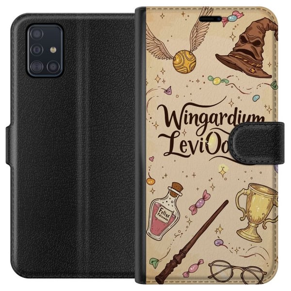 Kompatibel Tegnebogsetui til Samsung Galaxy A51 Harry Potter Wingardium Leviosa-illustration – magisk Harry Potter-tema med tryllestav, Snitch og hat
