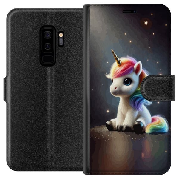 Kompatibelt Plånboksfodral till Samsung Galaxy S9+ Sittande enhörning med regnbågsman och stjärnor i mjuk sagolik stil Kompatibelt Plånboksfodral till Samsung Galaxy S9+ Sittande enhörning med regnbågsman och stjärnor i mjuk sagolik stil