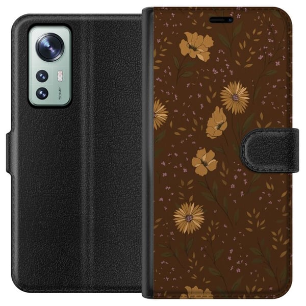 Yhteensopiva Lompakkokotelo Xiaomi 12 Retro kukkakuvio ruskea tausta kukat vintage 70-luvun tyyli boheemi tapettisuunnittelu painatus