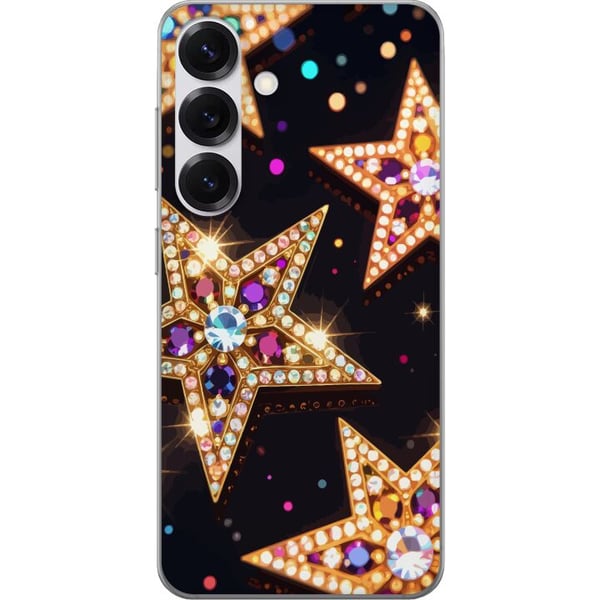 Kompatibelt Mobildeksel til Samsung Galaxy S25 Gyldne glitterstjerner med krystaller og festlig lyseffekt på mørk bakgrunn, et elegant motiv for jul, Kompatibelt Mobildeksel til Samsung Galaxy S25 Gyldne glitterstjerner med krystaller og festlig lyseffekt på mørk bakgrunn, et elegant motiv for jul,