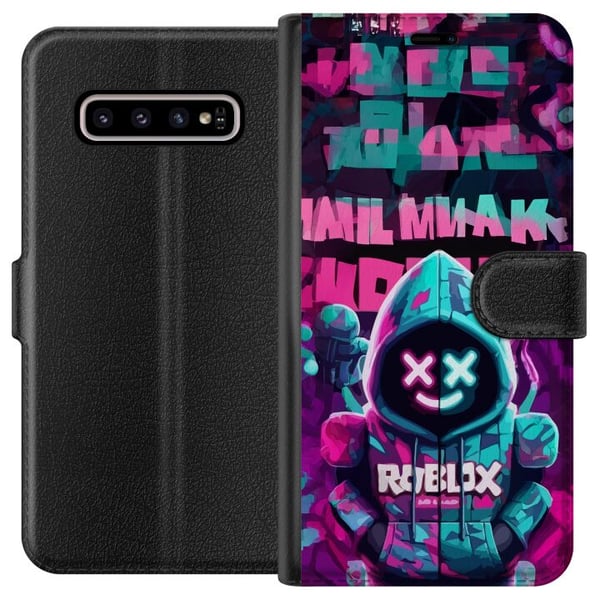 Kompatibelt Plånboksfodral till Samsung Galaxy S10+ Neon Gamer coolt spelmotiv med huva neonljus och futuristisk gamingstil