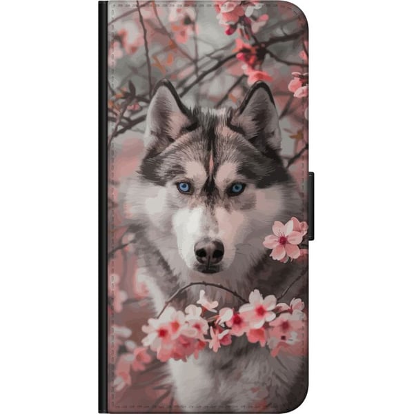 Kompatibelt Lommeboketui til Samsung Galaxy A20s Husky med blå øyne blant rosa kirsebærblomster – vakkert, naturinspirert og detaljrikt motiv.